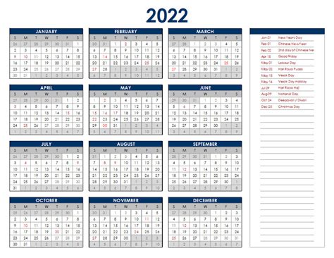 2022 Calendar Printable Hong Kong Template Calendar Design
