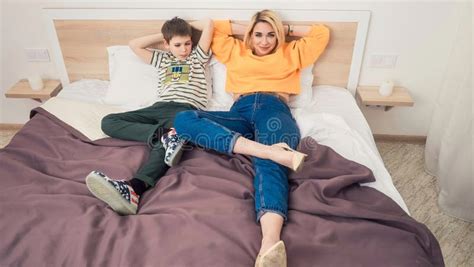 Mother With Son On Bed Mother And Son Having Fun Stock Image Image