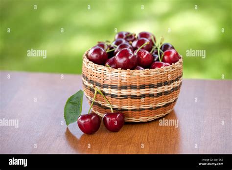 Red Ripe Cherries In A Basket Stock Photo Alamy