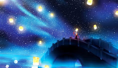 Wallpaper Anime Landscape Bridge Lantern Stars Resolution