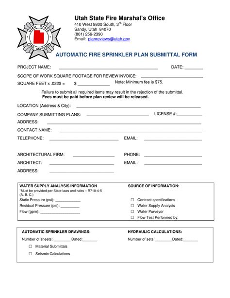 Utah Automatic Fire Sprinkler Plan Submittal Form Fill Out Sign