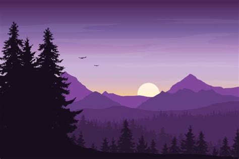 Mountain Landscape With Forest Under A Purple Morning Sky With Rising