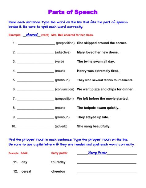Parts Of Speech Write The Word Interactive Worksheet