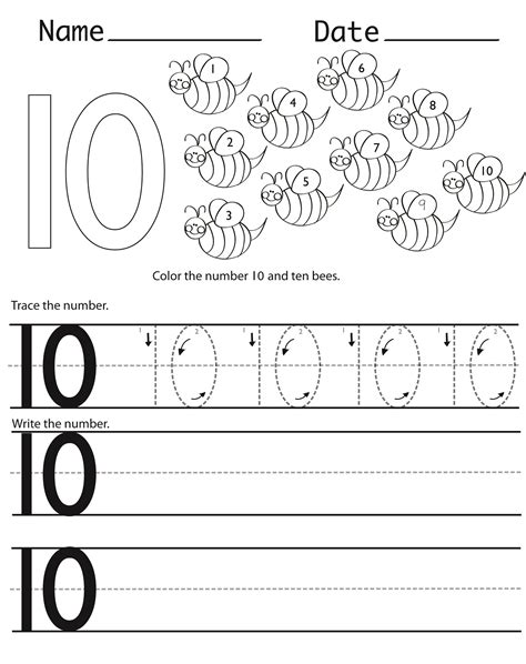 Tracing Number 10 Worksheets For Kindergarten