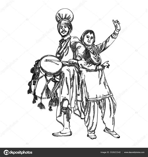 Vector Illustration Punjabi Couple Dancing Bhangra Dhol Punjabi