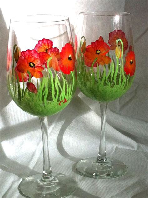 Hand Painted Wine Glasses Red Poppies Set Of 2 On Etsy 25 00 Decorated Wine Glasses Hand