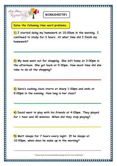 grade  maths worksheets  time problems lets share knowledge