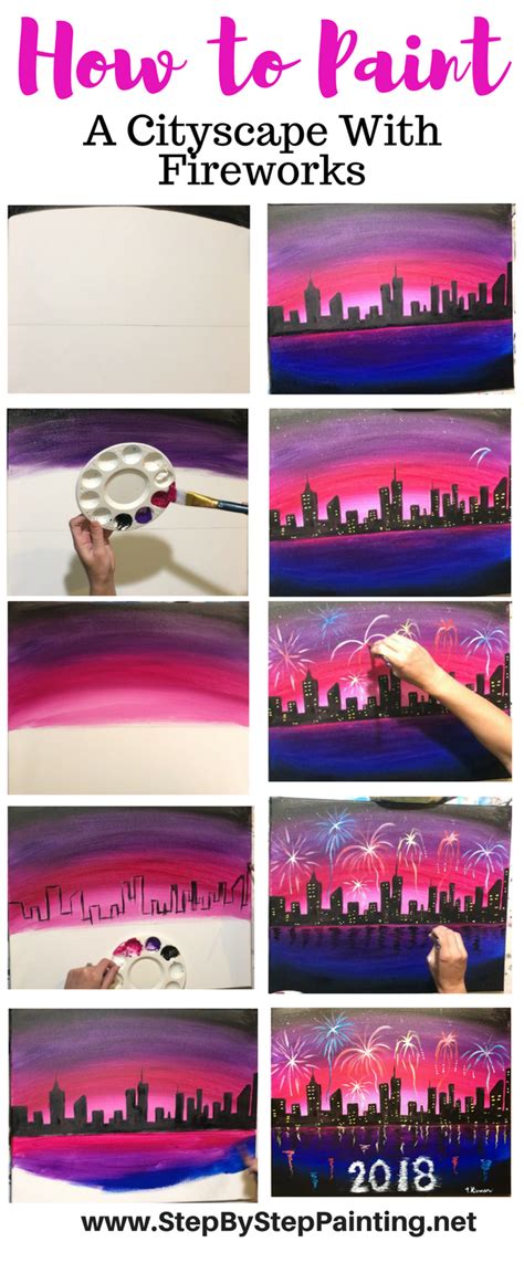 Cityscape Painting With Fireworks Step By Step Acrylic Tutorial