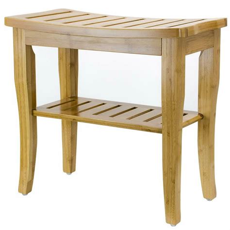 Bamboo Shower Bench Stool With Shelf 2 Tier Wood