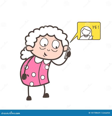 Cartoon Grandma Chatting On Mobile Vector Concept Stock Illustration