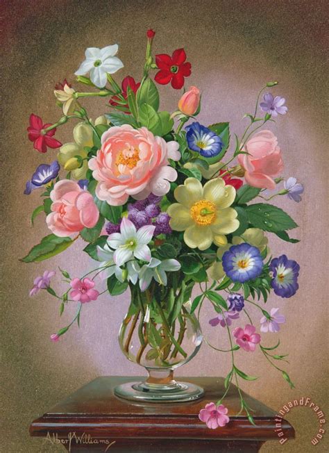 Albert Williams Roses Peonies And Freesias In A Glass Vase Painting
