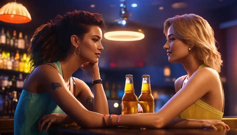 lexica two fallen in love lesbian girls sit at the bar counter clink beer bottles in lgbt bar