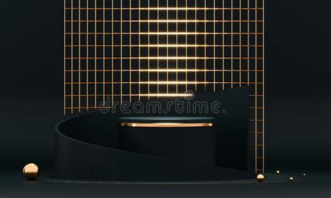 3d Rendering Black Podium Geometry With Gold Elements Empty Showcase