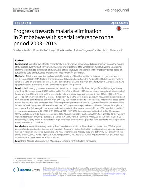 Pdf Progress Towards Malaria Elimination In Zimbabwe With Special Reference To The Period 2003