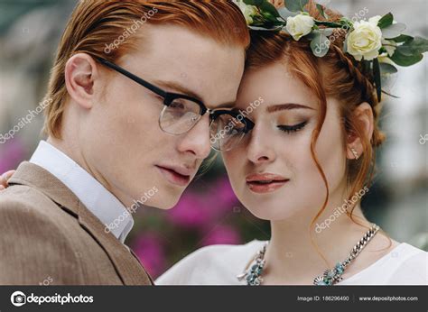 Close Portrait Beautiful Tender Young Redhead Wedding Couple Stock