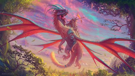 Fantasy Red And Blue Dragon Flying Above Hd Dreamy