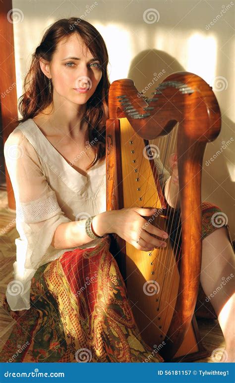 Woman Play Celtic Harp Stock Image Image Of Inspiration 56181157