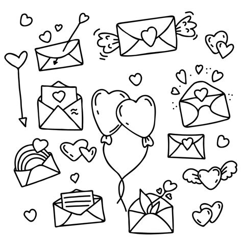 Conjunto De Dibujos Lineales A Mano Con Cartas De Amor Sobres Globos