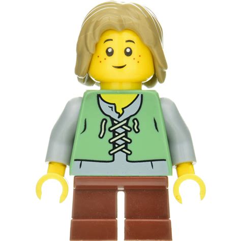 Lego Peasant Child With Dark Tan Hair Minifigure Sand Green Vest Over A