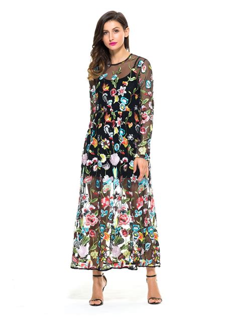 Black Embroidery Floral Long Sleeve Sheer Mesh Maxi Dress