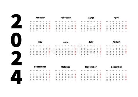 Calendario Horizontal Simple De 2024 Años En Inglés Calendario