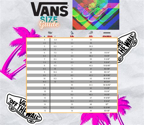 Vans Shoe Size Charts Mens Vans Size Chart Womens Vans Size Chart