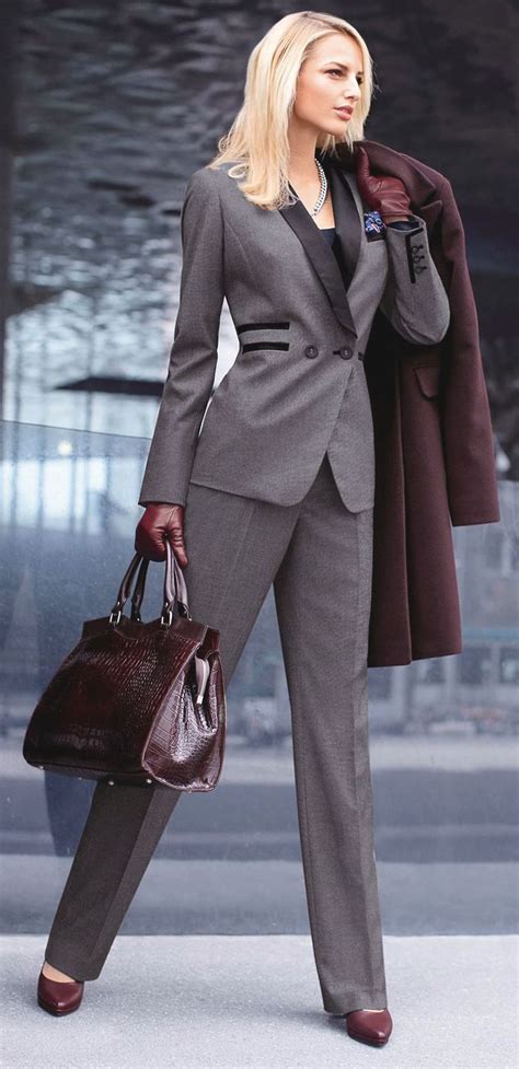 Grey Pant Suit Oxblood Shoes Bag And Coat Womens Formal Work Wear