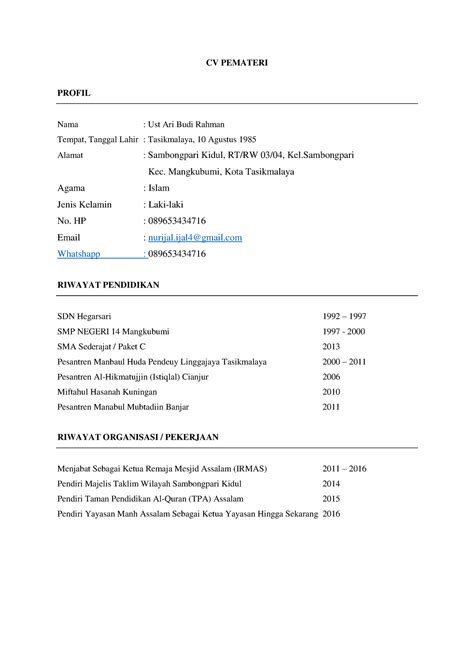 Cv Pemateri Cv Pemateri Profil Nama Ust Ari Budi Rahman Tempat