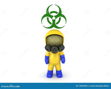 3D Character With Hazmat Suit And Biohazard Logo Above Stock
