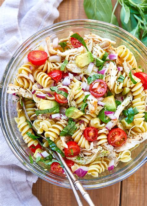 Bringing it to a party or potluck? Healthy Chicken Pasta Salad Recipe with Avocado - Chicken ...