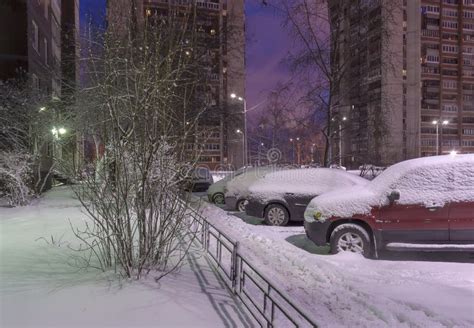 City Streets And Park After Heavy Snowfall At Night Stock Image Image