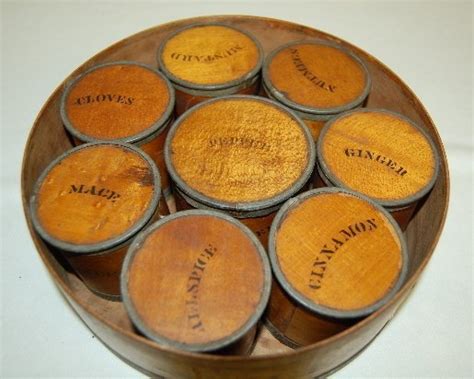 24 9pc Antique Round Wooden Spice Box Set Lot 24