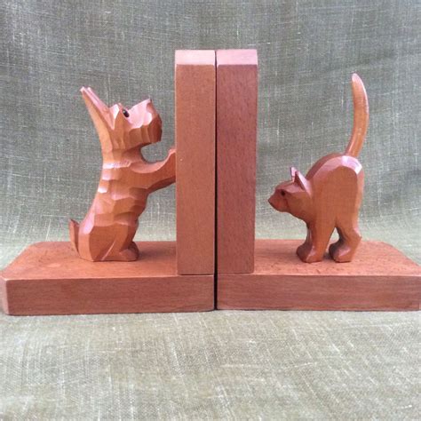 Vintage Scottie Dog And Cat Carved Wood Bookends Etsy Scottie Dog