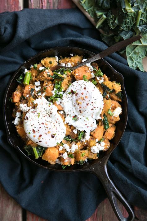 Sweet Potato Butternut Squash Hash With Feta And Poached Egg The