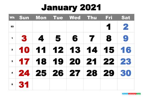 January 2021 Calendar Printable Free Monthly January 2021 Blank