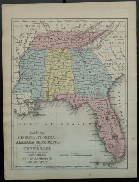 Map Of Georgia Florida Alabama Mississippi And Tennessee Engraved