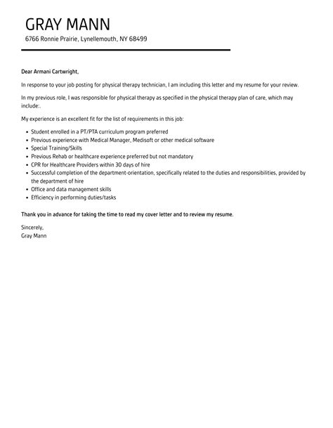 Physical Therapy Technician Cover Letter | Velvet Jobs