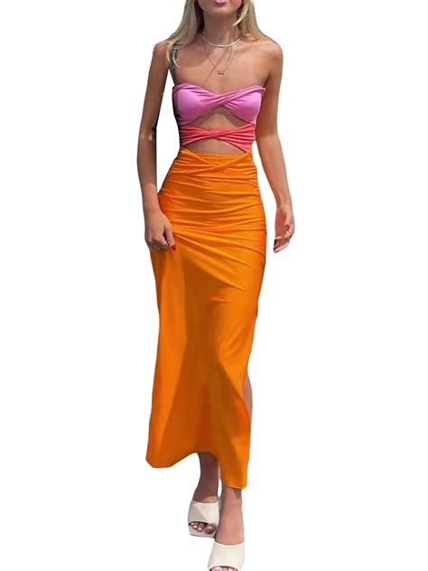 Patchwork Y2k Strapless Bodycon Dress Sexy Women Hollow Out Sleeveless Backless Summer Beach