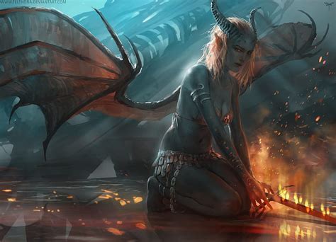 Free Download Succubus Art Wings Luminos Orange Horns Fire Demon Fantasy Girl Bat