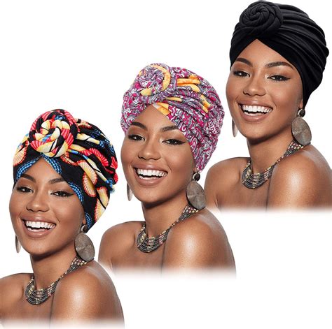 3 Pieces African Turban For Women Pre Tied Flower Knot Headwrap Beanie