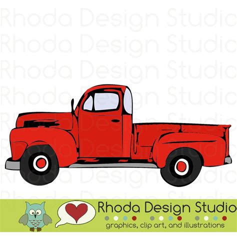 Red Vintage Pickup Truck Full Side Stamp Digital Clip Art