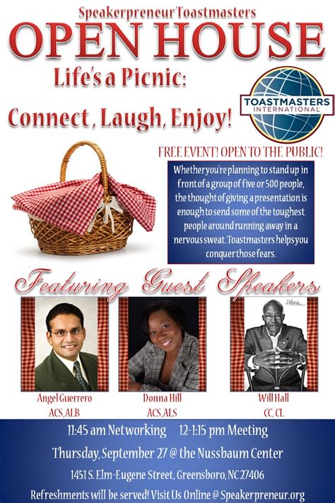 Local leaders in toastmasters will guide you through the entire process and help you setting up a demonstration. Come check out the hottest Toastmasters Club, Speakerpreneur Toastmasters for our Open House ...