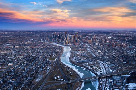 Aerial Photo Calgary Skyline Winter Sunset