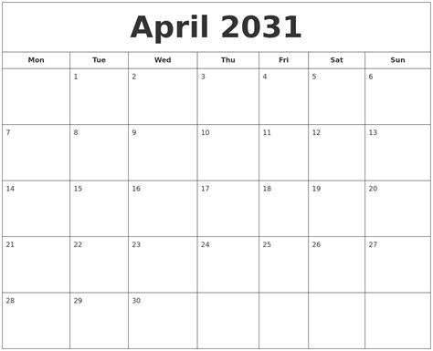 April 2031 Printable Calendar