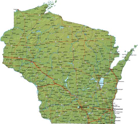 Detailed Wisconsin Map - WI Terrain Map