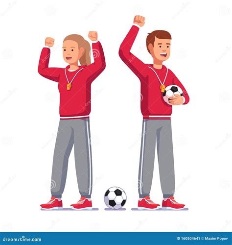 Soccer Coaches Raising Hands And Cheering Players Stock Vector
