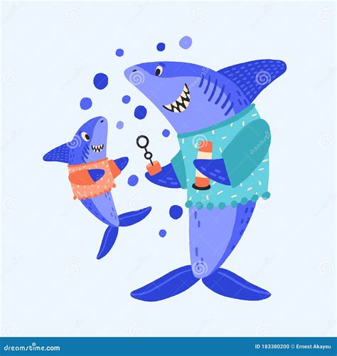 Ilustración Plana Vectorial De La Familia De Tiburones De Dibujos