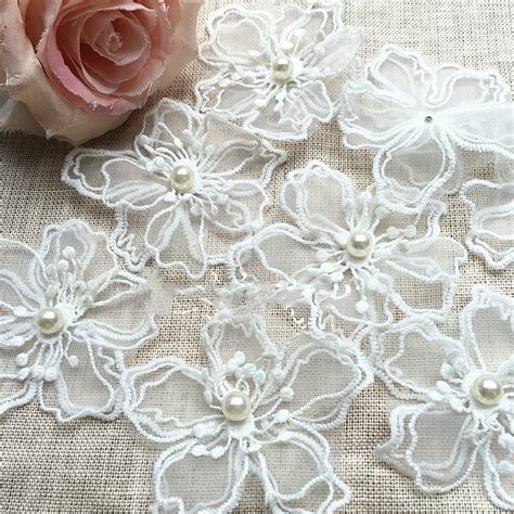 50pcslot White Organza Embroidery Fabric Lace Patch Trim Clothes 3d