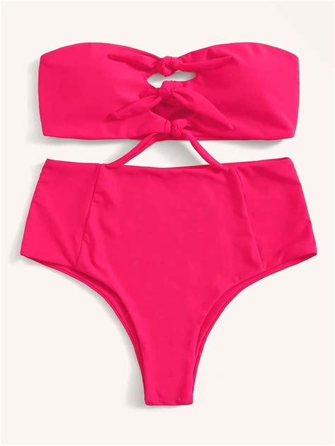 Red Tie Front Bandeau Swimsuit With High Waist Bikini Bottom Bikinis