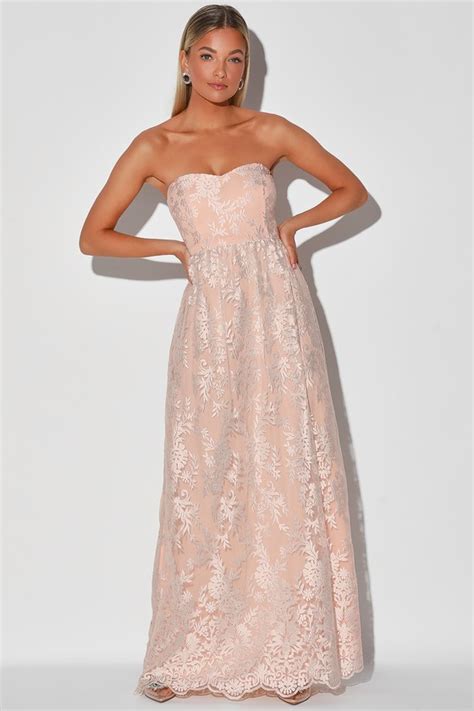 Elegant Peach Dress Lace Maxi Dress Strapless Maxi Dress Lulus